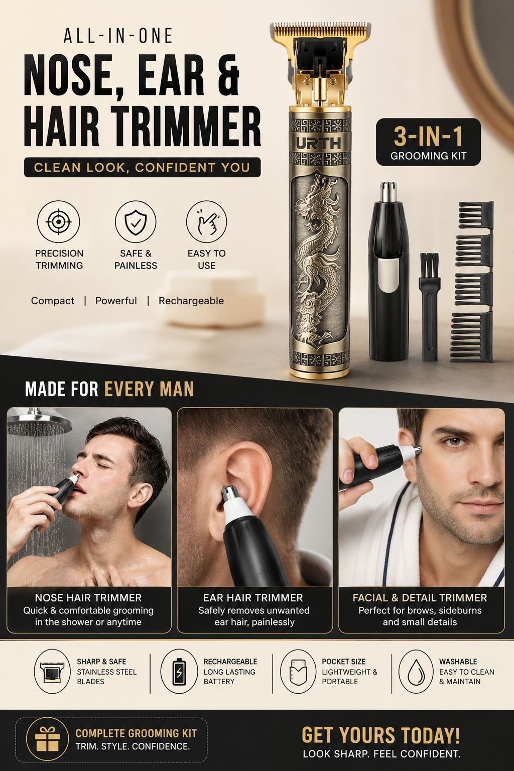 Virth® Men's Beard & Hair Trimmer & Personal Nose Hair Shaver Ear Cleaning Kit Combo Set