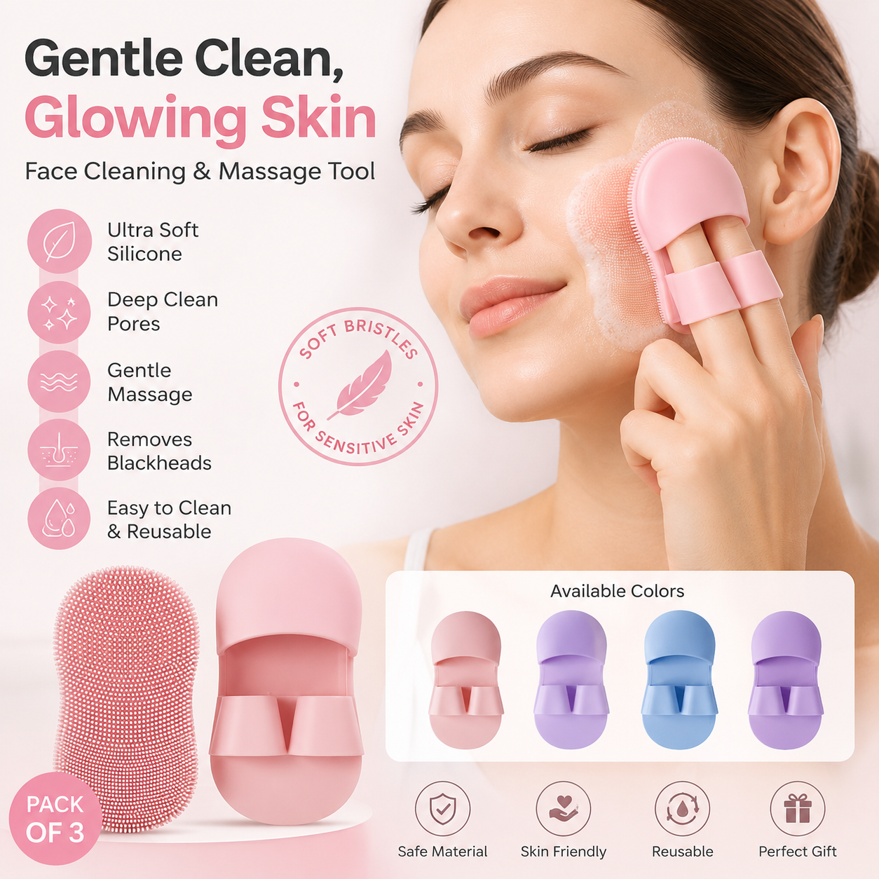 PACK OF 3 Face Scrubber,Soft Silicone Facial Cleansing Brush Face Exfoliator Blackhead Acne Pore Pad Cradle Cap Face Wash Brush for Deep Cleaning Skin care in multi colors, face cleaning brush